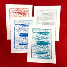 Examples of red, silver, blue, and turquoise colour options for the Here Fishy, Fishy print. Print shows three types of lures.