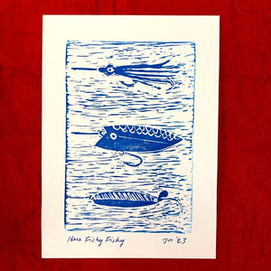 Example of blue colour option for the Here Fishy, Fishy print. Print shows three types of lures.