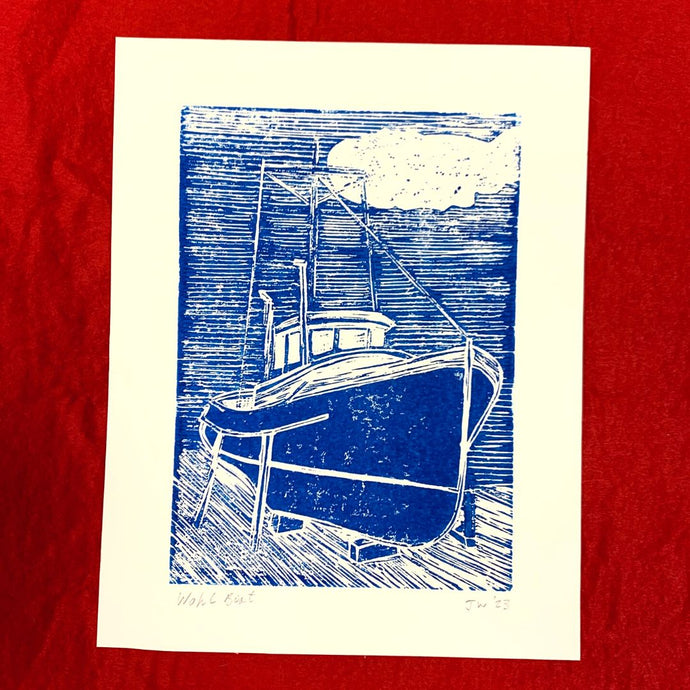 Example of blue ink print. Print shows a boat and background.